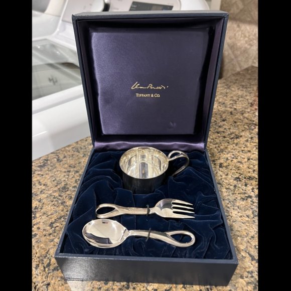 Tiffany & Co Baby Cup, Spoon & Fork Utensils Set Boxed - Picture 1 of 13